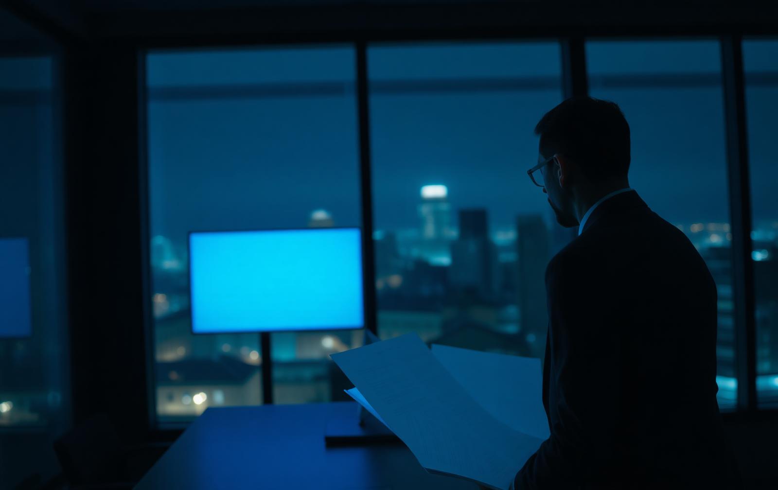 Over-the-shoulder view of a professional reviewing a screen in a dimly lit boardroom at night