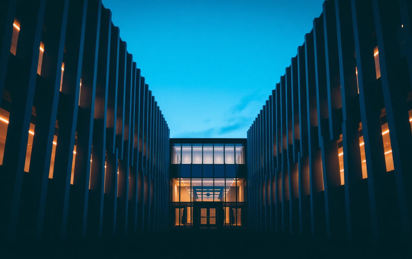 Minimalist facade of a modern European institutional building at twilight with rhythmic vertical concrete fins
