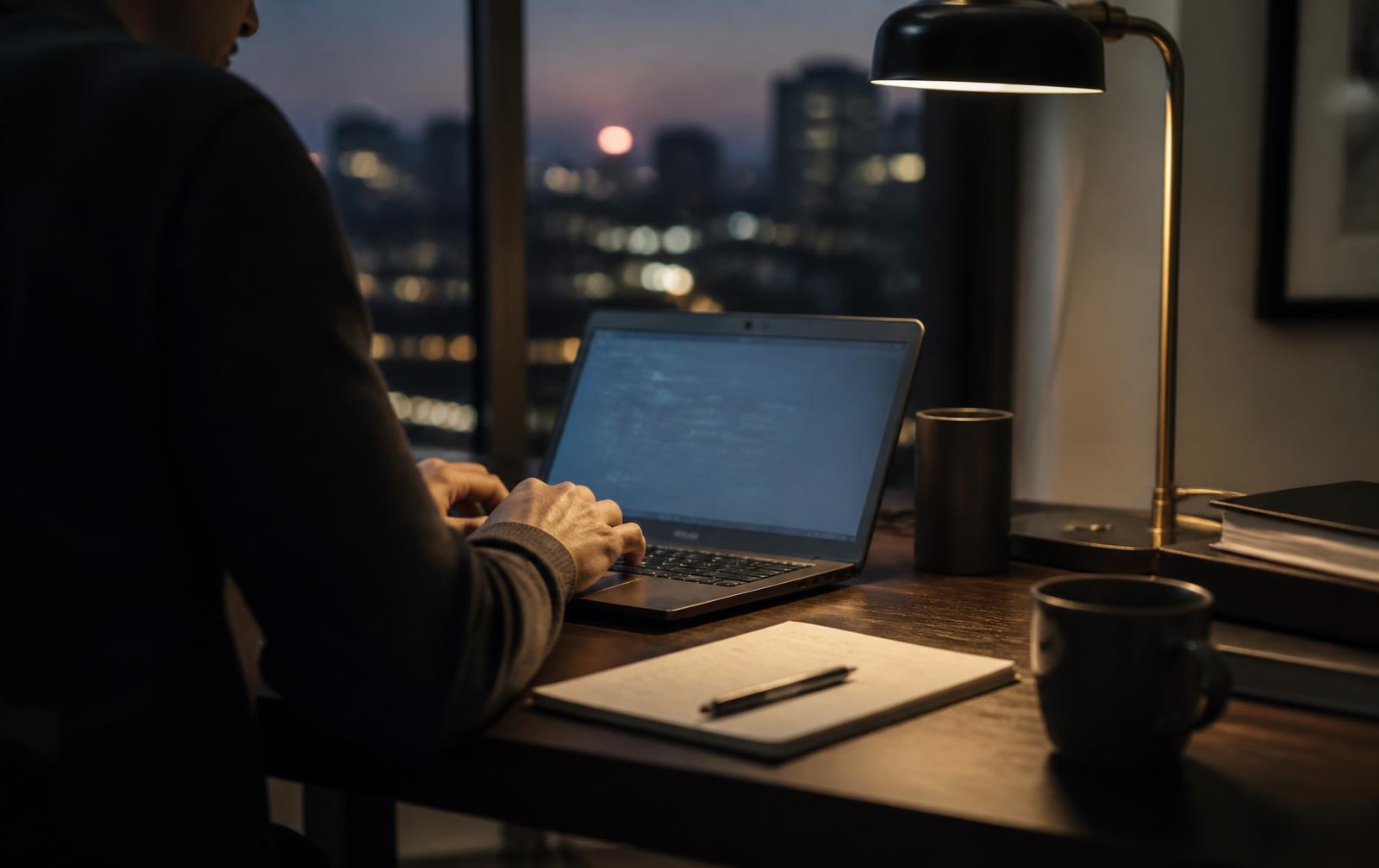 A professional working late on a laptop by a window overlooking a European city skyline at dusk