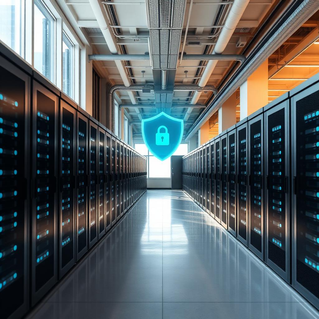 A secure enterprise data center with sleek server racks and soft blue indicator lights