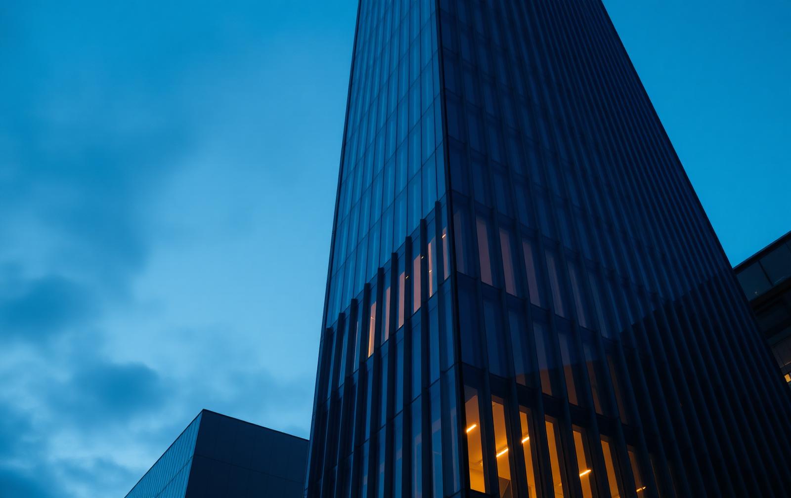 A modern European glass office tower seen from below at blue dusk